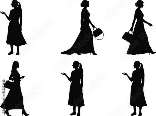 Six black silhouettes of women in formal dresses, depicted in various stances and carrying handbags, isolated on white.