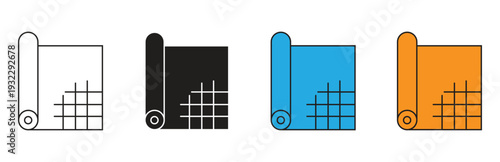 Set of four rolled material icons with a grid pattern representing fabric wallpaper or flooring in different color variations and a monochromatic black version