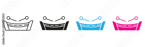 A set of four simple, stylized vector icons depicting a traditional African djembe drum with beaters, presented in outline black, solid black, blue, and pink variations for diverse design applications