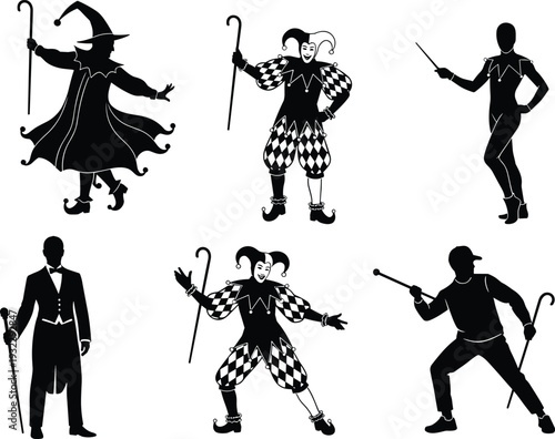 Circus and theater character silhouettes set with joker magician performer and vintage entertainer isolated on white background vector illustration