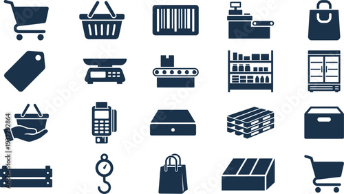 Collection of modern vector icons illustrating shopping, retail, supermarket, and logistics essential elements.