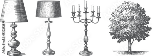 Vintage engraved furniture and nature illustration set featuring classic table lamps, ornate candelabra and detailed leafy tree vector artwork