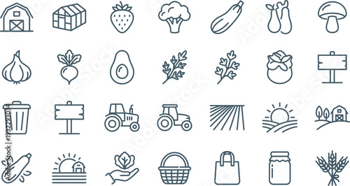Collection of outline farm, agriculture, fruit, and vegetable icons for organic food concepts.