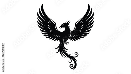 A black silhouette of a phoenix with outstretched wings isolated on white background, Vector