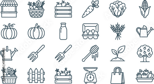 A diverse collection of outline icons representing agriculture, farming, fresh food, and market elements