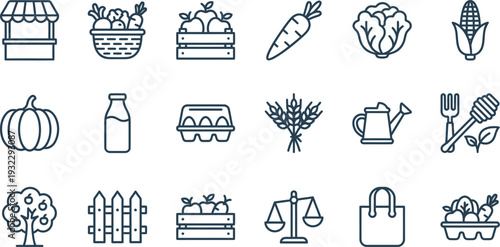 Diverse set of outline icons representing agriculture, farm produce, and market essentials.