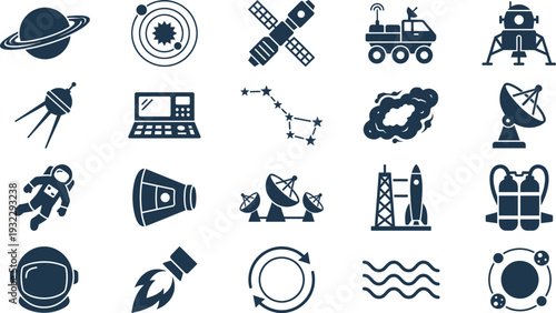 A comprehensive collection of dark blue space and astronomy-themed vector icons.