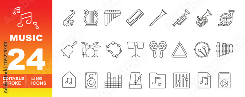 Music and Global Instrument Icons. Editable stroke icons for education & audio apps. Featuring harmonica, maracas, pan flute, bongo drums, triangle, xylophone, and metronome symbols for UI.