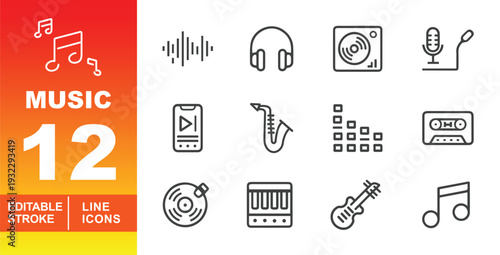 Music and Sound Line Icon Set. Editable stroke icons for podcast & audio branding. Featuring saxophone, guitar, turntable, microphones, cassette tape, headphones, and smartphone player symbols.