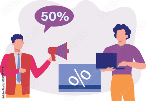 The boys is talking about 50% off on shopping.