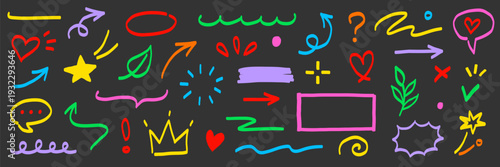 Marker line hand drawn arrow, highlight scribble set. Sketch color hand drawn marker line arrowbrush element shape graphic. Doodle scribble paint underline, circle frame icons. Vector illustration