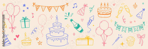 Birthday doodle color icon element. Hand drawn sketch doodle birthday cake, party gift, event hat cute decoration element. Party, carnival celebration concept background. Vector illustration