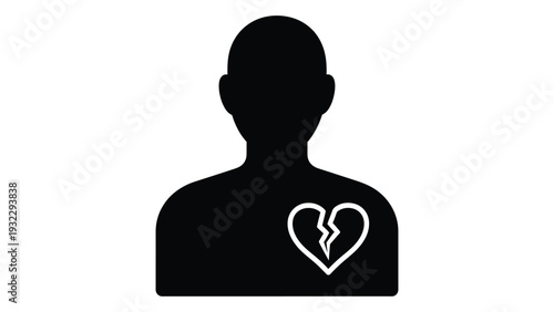 A black silhouette of a person with a broken heart isolated on white background, Vector