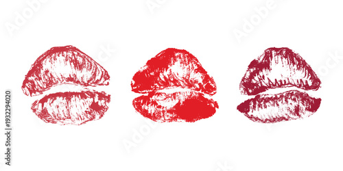 Set of lipstick kiss print Different shapes and colors imprint of lips Red pink female sexy lips makeup Design elements for beauty fashion poster Valentines Day wedding