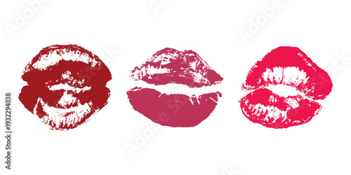 Set of lipstick kiss print Different shapes and colors imprint of lips Red pink female sexy lips makeup Design elements for beauty fashion poster Valentines Day wedding