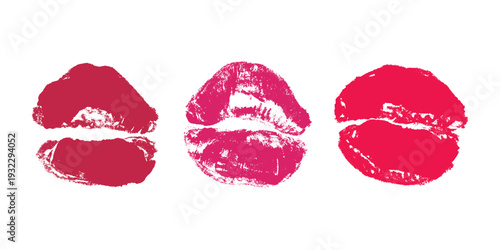 Set of lipstick kiss print Different shapes and colors imprint of lips Red pink female sexy lips makeup Design elements for beauty fashion poster Valentines Day wedding