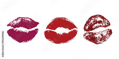 Set of lipstick kiss print Different shapes and colors imprint of lips Red pink female sexy lips makeup Design elements for beauty fashion poster Valentines Day wedding