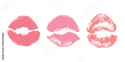 Set of lipstick kiss print Different shapes and colors imprint of lips Red pink female sexy lips makeup Design elements for beauty fashion poster Valentines Day wedding