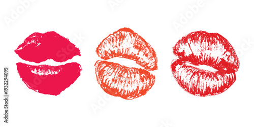 Set of lipstick kiss print Different shapes and colors imprint of lips Red pink female sexy lips makeup Design elements for beauty fashion poster Valentines Day wedding