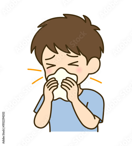 鼻水が止まらない子供の花粉症イラスト｜アレルギー性鼻炎ベクター