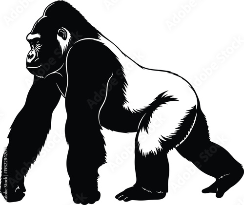 Gorilla silhouette vector illustration isolated on white background, realistic black and white ape animal design for wildlife, zoo, and nature themes