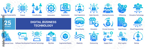 Digital Business Technology icon set featuring fintech,automation,cloud computing,big data,cybersecurity,digital transformation,and disruptive technologies shaping modern business systems.