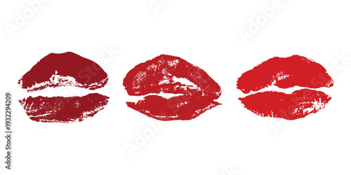 Set of lipstick kiss print Different shapes and colors imprint of lips Red pink female sexy lips makeup Design elements for beauty fashion poster Valentines Day wedding