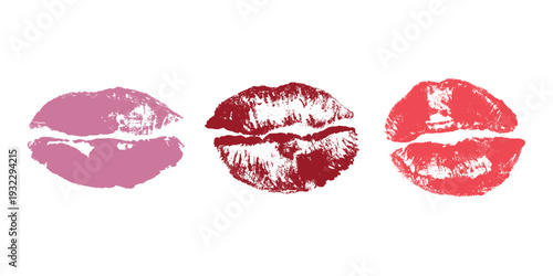 Set of lipstick kiss print Different shapes and colors imprint of lips Red pink female sexy lips makeup Design elements for beauty fashion poster Valentines Day wedding