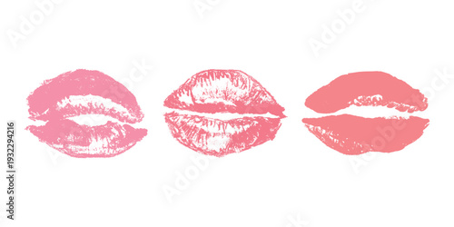 Set of lipstick kiss print Different shapes and colors imprint of lips Red pink female sexy lips makeup Design elements for beauty fashion poster Valentines Day wedding