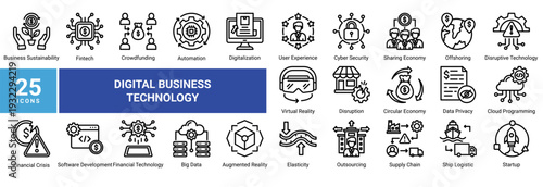 Digital Business Technology icon set featuring fintech,automation,cloud computing,big data,cybersecurity,digital transformation,and disruptive technologies shaping modern business systems.