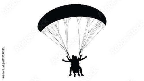 A person in silhouette parachuting down from a great height isolated on white background, Vector