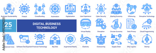 Digital Business Technology icon set featuring fintech,automation,cloud computing,big data,cybersecurity,digital transformation,and disruptive technologies shaping modern business systems.