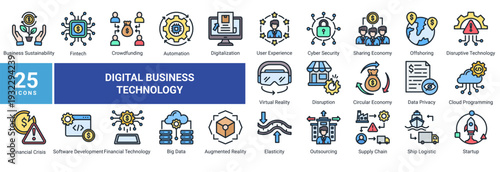 Digital Business Technology icon set featuring fintech,automation,cloud computing,big data,cybersecurity,digital transformation,and disruptive technologies shaping modern business systems.