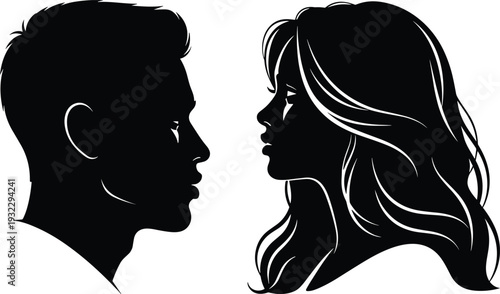 Man and woman face to face silhouette vector illustration, black and white couple profile portrait isolated on white background