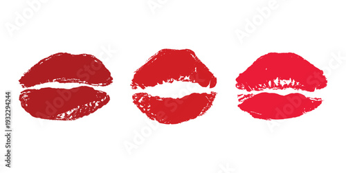 Set of lipstick kiss print Different shapes and colors imprint of lips Red pink female sexy lips makeup Design elements for beauty fashion poster Valentines Day wedding