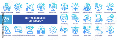 Digital Business Technology icon set featuring fintech,automation,cloud computing,big data,cybersecurity,digital transformation,and disruptive technologies shaping modern business systems.