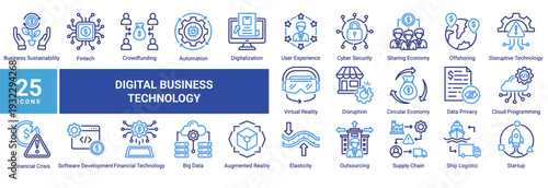 Digital Business Technology icon set featuring fintech,automation,cloud computing,big data,cybersecurity,digital transformation,and disruptive technologies shaping modern business systems.
