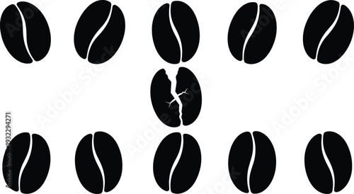 Coffee bean silhouette set with cracked bean icon, black and white vector collection isolated on white background for design