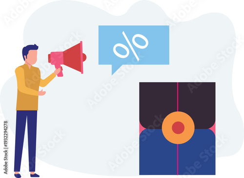 The boy is loudspeaker advertises discount offer.