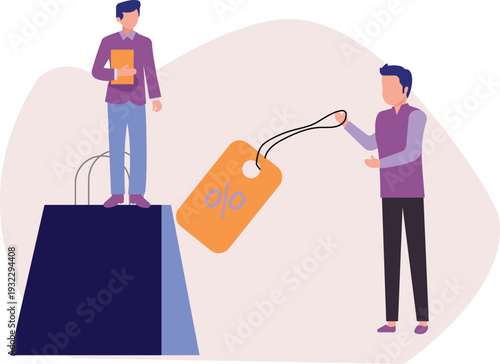 The boy is holding discount tag