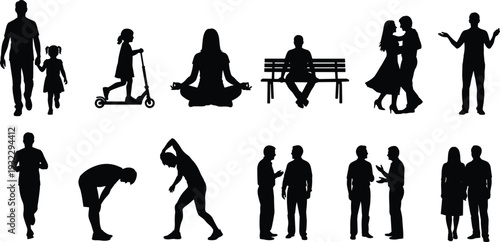 Collection of human silhouettes showing daily activities, walking, meditation, conversation, dancing, exercise and social interactions isolated on white background