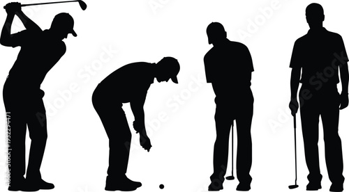 Set of black golfer silhouettes showing full golf swing sequence, putting stance, and standing with club on white background vector illustration.