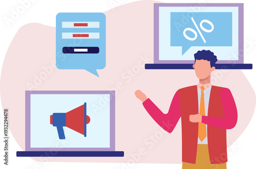 The boy is online announcing discount.