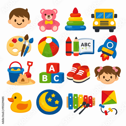 collection of 16 cute and colorful flat vector icons featuring childhood, preschool education, and nursery toys elements including a teddy bear, school bus, rocket, building blocks, art supplies, and 