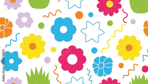 Vibrant and Playful Floral and Grass Pattern with a Whimsical and Festive Springtime Feel