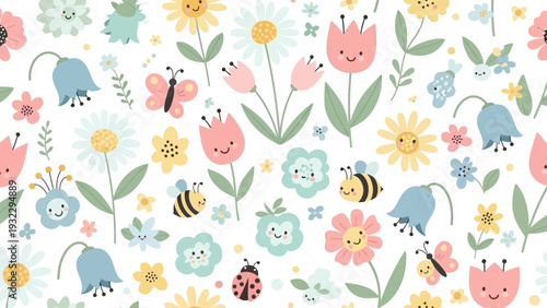 Charming Springtime Pattern Featuring Cute Cartoon Flowers, Bees, and Butterflies on a White Background