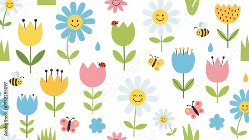 Seamless pattern of cute cartoon flowers, bees, and butterflies on a white background, perfect for children's designs