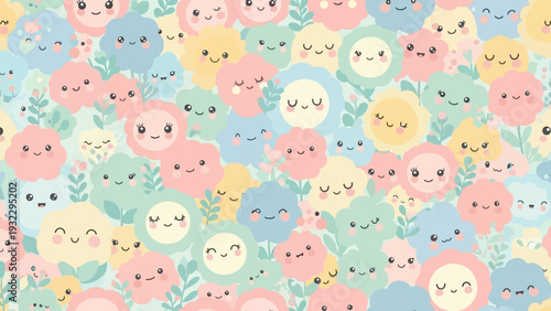 Charming Pastel Flowers with Cute Kawaii Faces Scattered on a Light Blue Textured Background