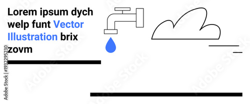 Sustainability, water management, natural resources, ecology, environmental awareness, climate action. Line drawing of faucet with droplet and cloud. s sustainability and water management ideas