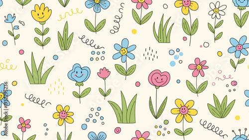 Cute and cheerful cartoon flowers with happy faces on a light background, a vibrant and playful pattern